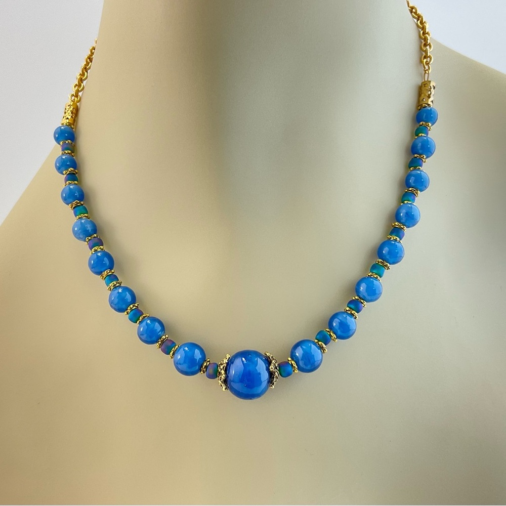 Vintage Sapphire & Peacock Blue Lamp Work Bead Necklace, Gold Plated Chain